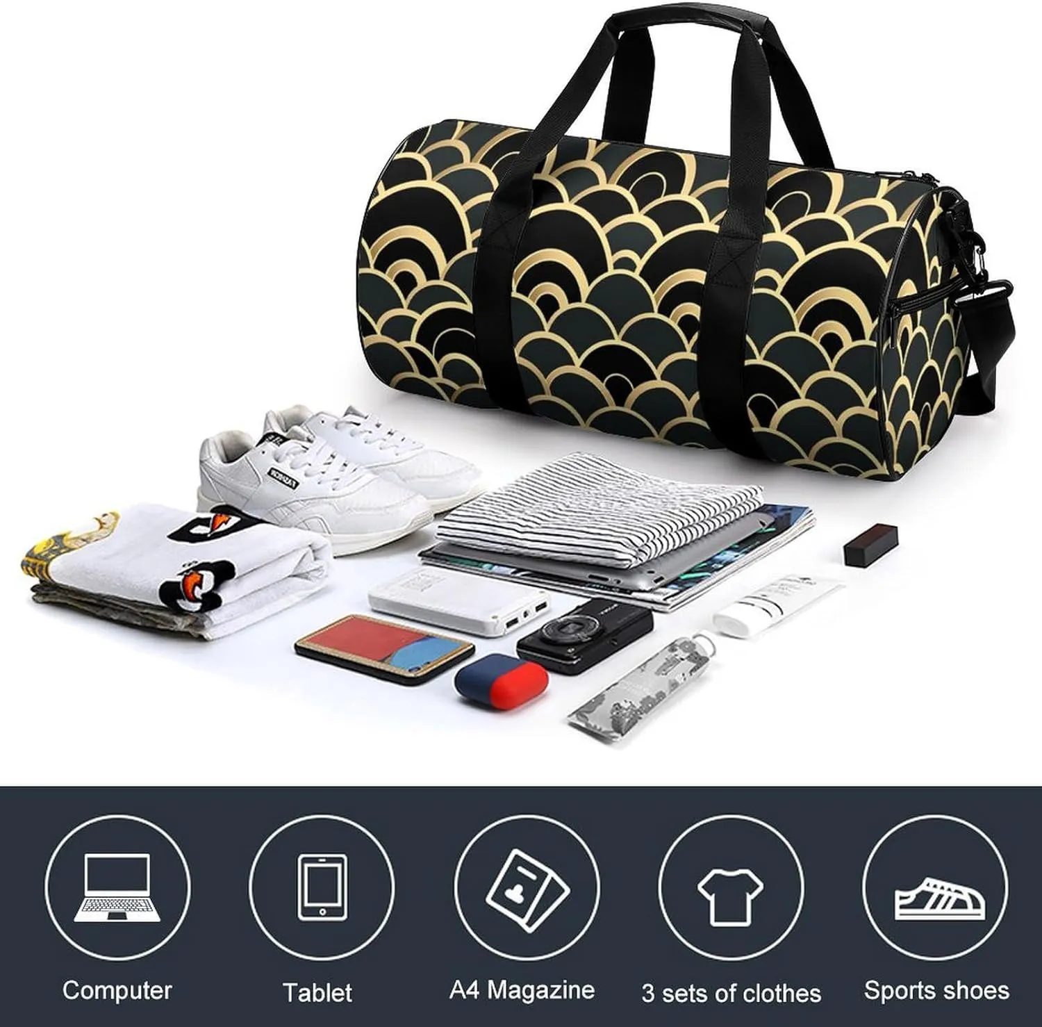 Fish Scale Pattern Travel Gym Bag for Women Men Single Color Cylindrical Duffle Bag Sport Workout Bag with Shoulder Strap