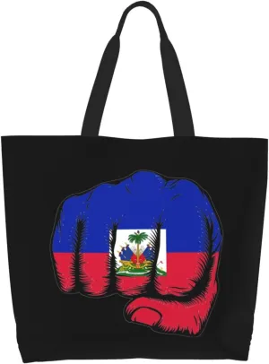 Flag Haiti Fist Power Canvas Tote Bags for Women, Ladies Shoulder Handbags Large Purse Lightweight Foldable Reusable Shopping Bag with Pockets for Work, Travel, 15.7x19.7in
