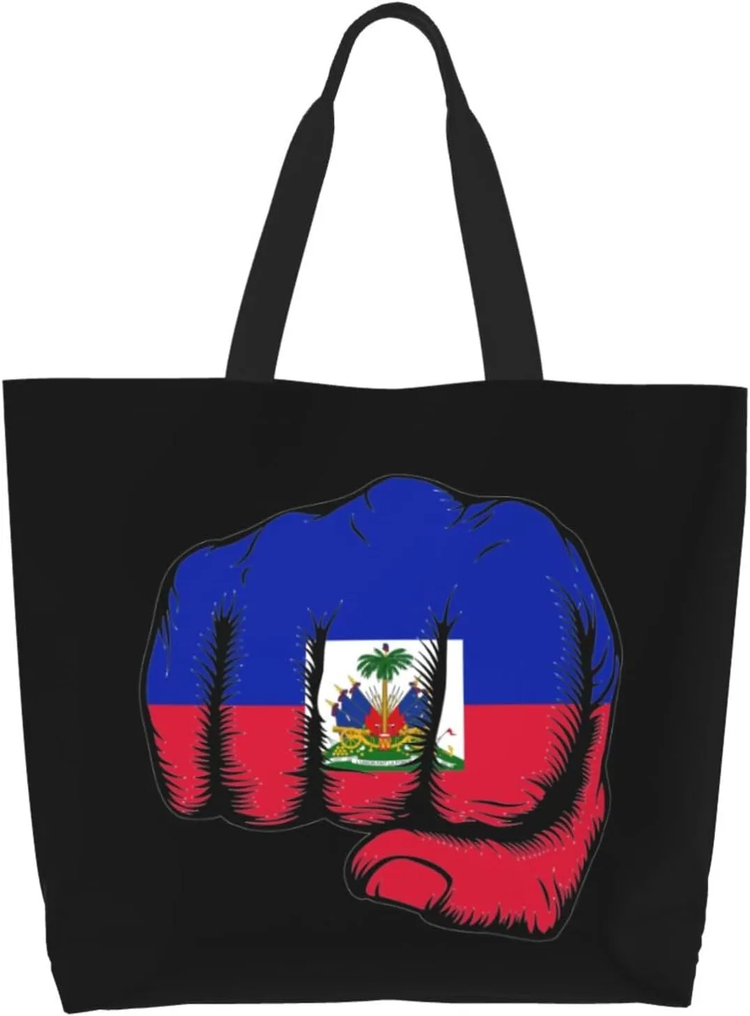 Flag Haiti Fist Power Canvas Tote Bags for Women, Ladies Shoulder Handbags Large Purse Lightweight Foldable Reusable Shopping Bag with Pockets for Work, Travel, 15.7x19.7in