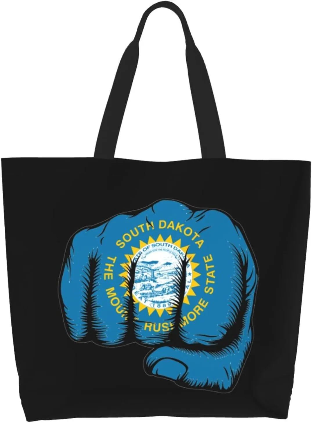 Flag of South Dakota Fist Power Canvas Tote Bags for Women, Ladies Shoulder Handbags Large Purse Lightweight Foldable Reusable Shopping Bag with Pockets for Work, Travel, 15.7x19.7in