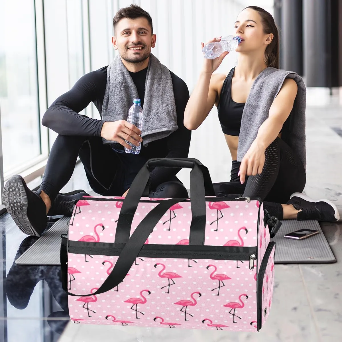 Flamingos Paint Sports Gym Bag for Women Men Travel Duffel Bag with Wet Pocket & Shoes Compartment Waterproof Weekender Overnight Tote Carry on Bag Lightweight