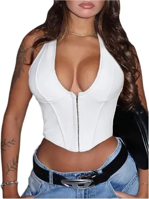 Floerns Women's Y2K PU Leather Halter Neck Hook Eye Backless Asymmetrical Party Crop Tank Top