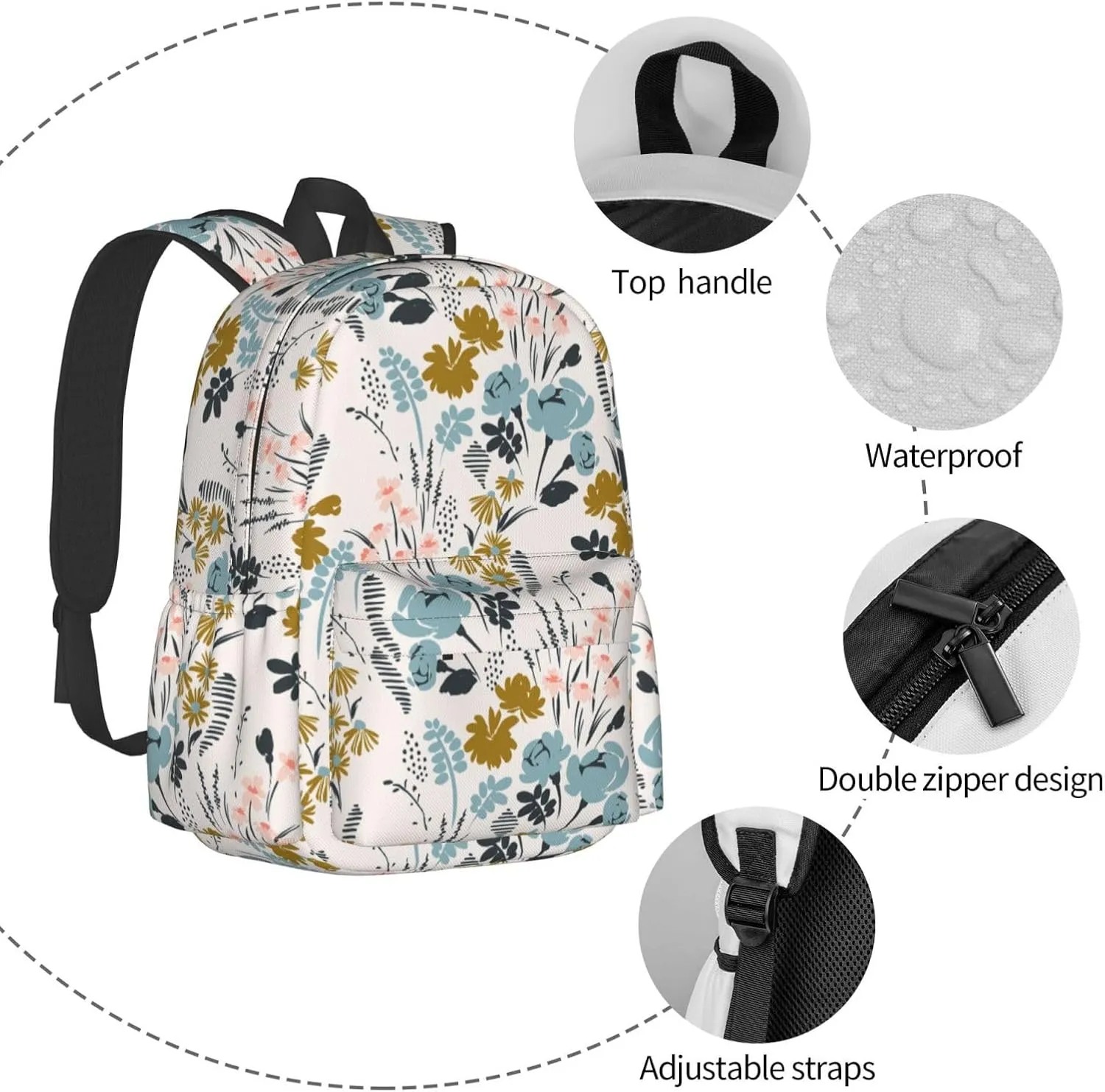 Floral Pattern Waterproof Backpack Adjustable Shoulder Straps Bag Large Capacity Casual Daypack Bookbag For Travel Work