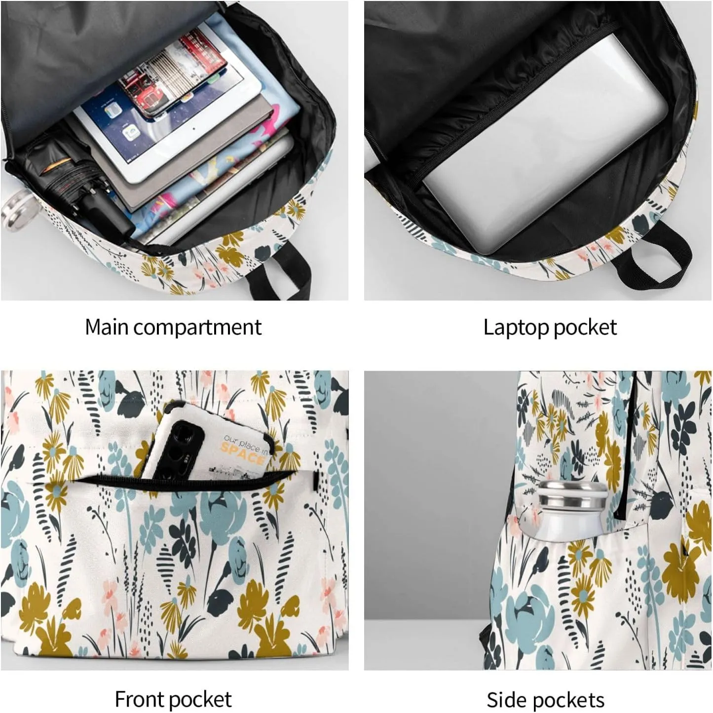 Floral Pattern Waterproof Backpack Adjustable Shoulder Straps Bag Large Capacity Casual Daypack Bookbag For Travel Work