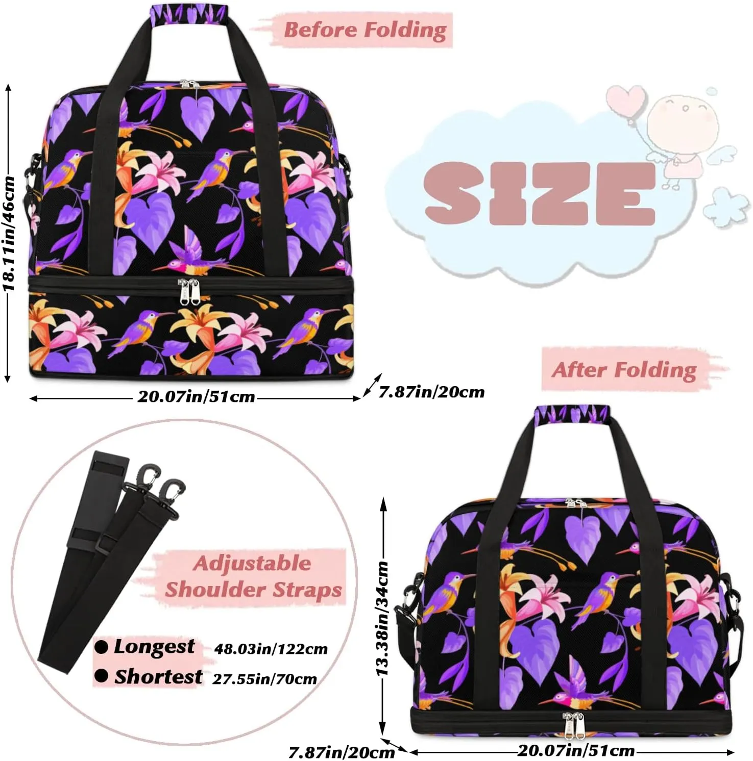 Florals Petal Birds Sports Gym Bag with Shoes Compartment Foldable Travel Duffel Bag Dry Wet Separated Sports Tote Workout Weekender Overnight Bag for Women Yoga Dance Work Training Handbag