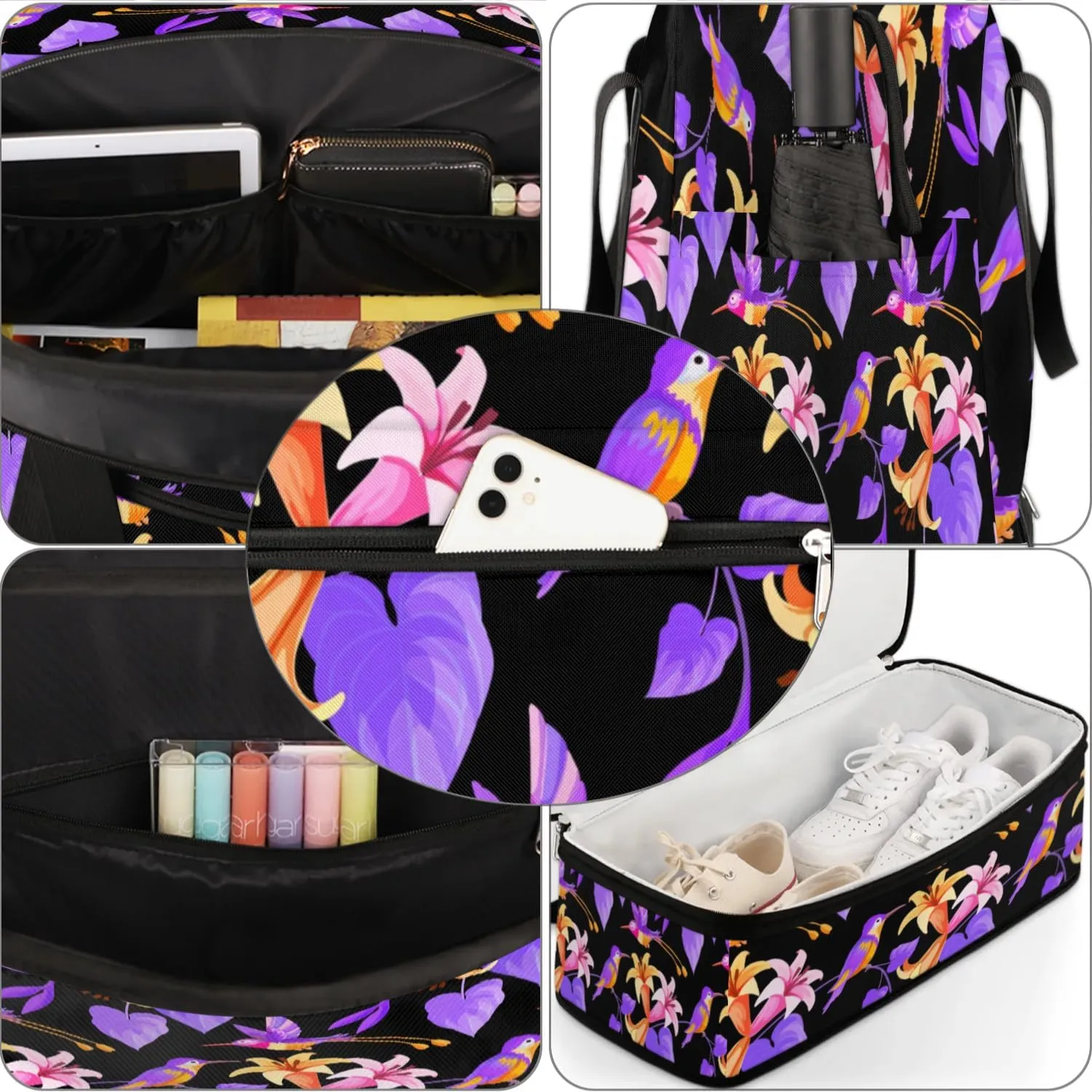 Florals Petal Birds Sports Gym Bag with Shoes Compartment Foldable Travel Duffel Bag Dry Wet Separated Sports Tote Workout Weekender Overnight Bag for Women Yoga Dance Work Training Handbag