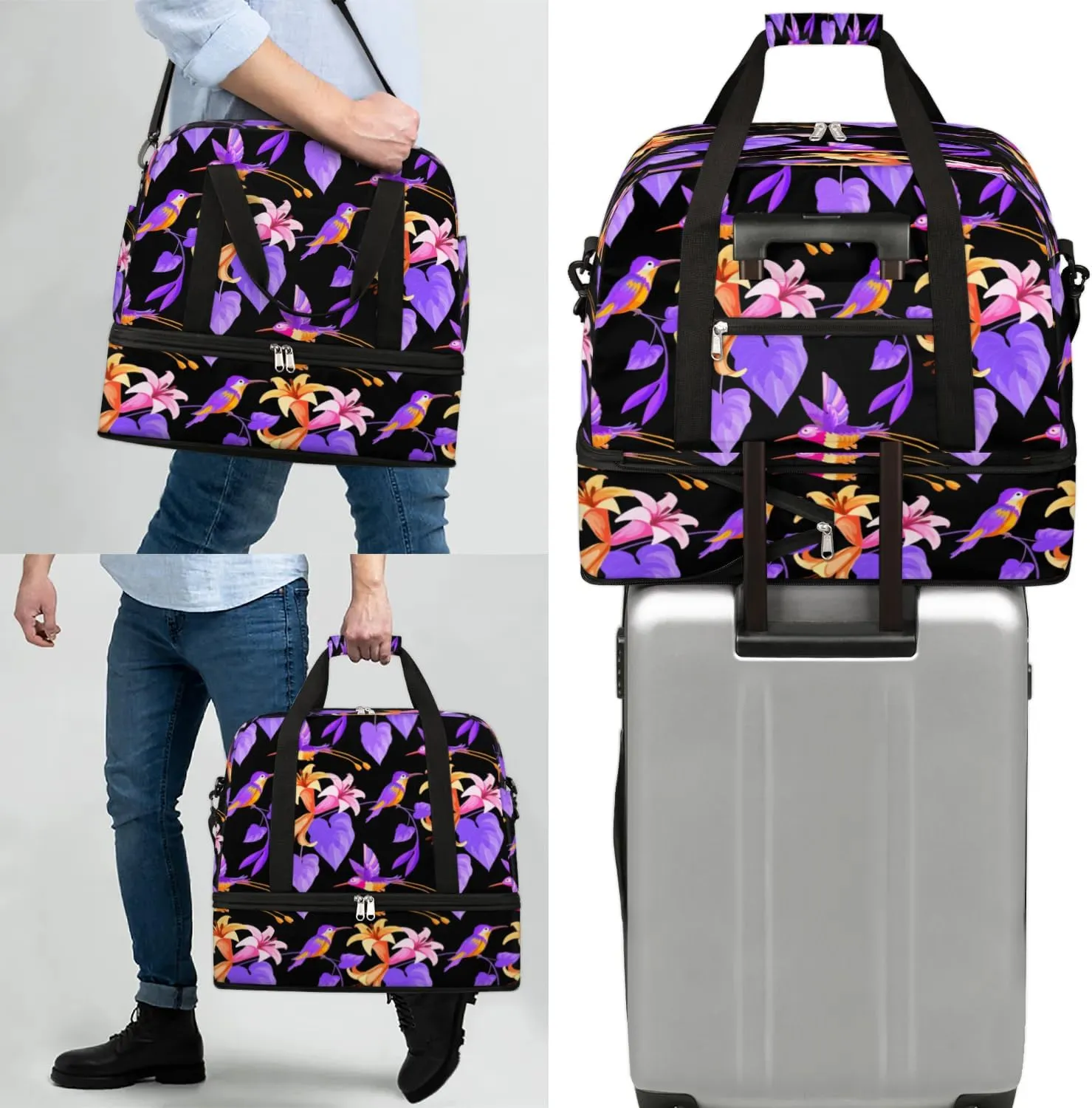 Florals Petal Birds Sports Gym Bag with Shoes Compartment Foldable Travel Duffel Bag Dry Wet Separated Sports Tote Workout Weekender Overnight Bag for Women Yoga Dance Work Training Handbag