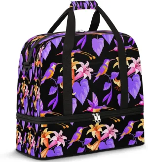 Florals Petal Birds Sports Gym Bag with Shoes Compartment Foldable Travel Duffel Bag Dry Wet Separated Sports Tote Workout Weekender Overnight Bag for Women Yoga Dance Work Training Handbag