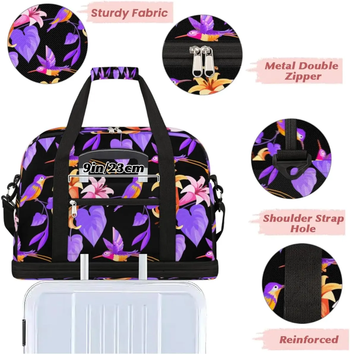 Florals Petal Birds Sports Gym Bag with Shoes Compartment Foldable Travel Duffel Bag Dry Wet Separated Sports Tote Workout Weekender Overnight Bag for Women Yoga Dance Work Training Handbag