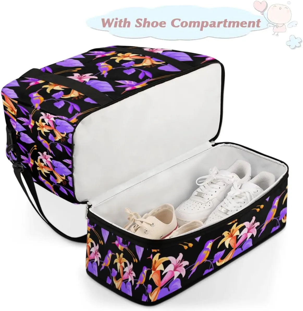 Florals Petal Birds Sports Gym Bag with Shoes Compartment Foldable Travel Duffel Bag Dry Wet Separated Sports Tote Workout Weekender Overnight Bag for Women Yoga Dance Work Training Handbag