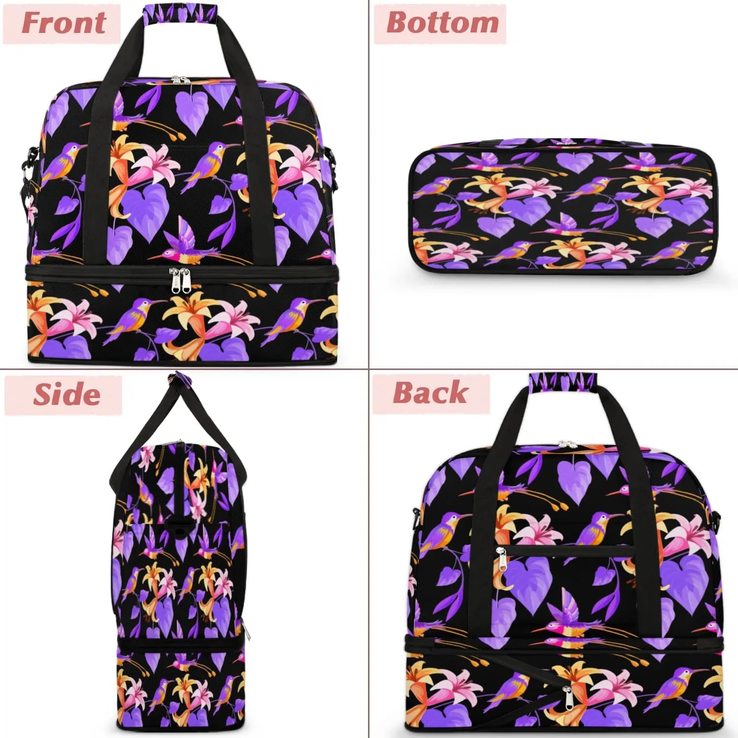 Florals Petal Birds Sports Gym Bag with Shoes Compartment Foldable Travel Duffel Bag Dry Wet Separated Sports Tote Workout Weekender Overnight Bag for Women Yoga Dance Work Training Handbag