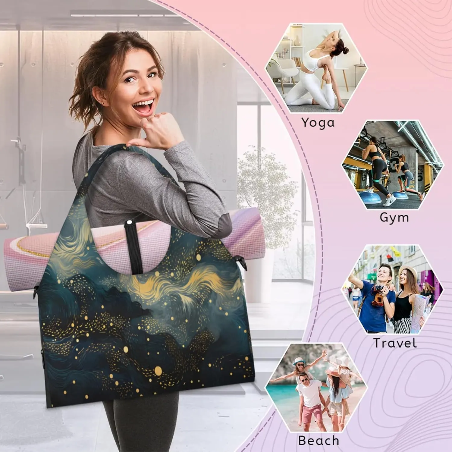 Flow Nebula Dream Waterproof Gym Bag for Men Women, Sports Duffel Bag with Shoe Compartment Yoga Mat Holder, Portable Large Travel Bag for Fitness, Camping, Weekend Trips