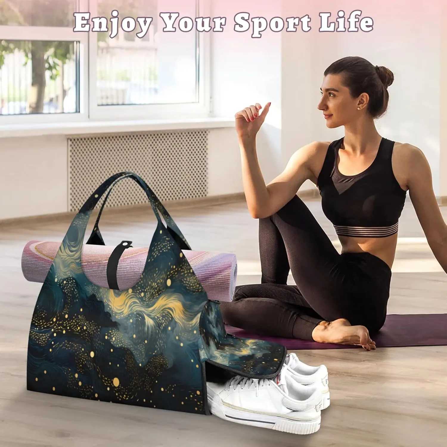 Flow Nebula Dream Waterproof Gym Bag for Men Women, Sports Duffel Bag with Shoe Compartment Yoga Mat Holder, Portable Large Travel Bag for Fitness, Camping, Weekend Trips