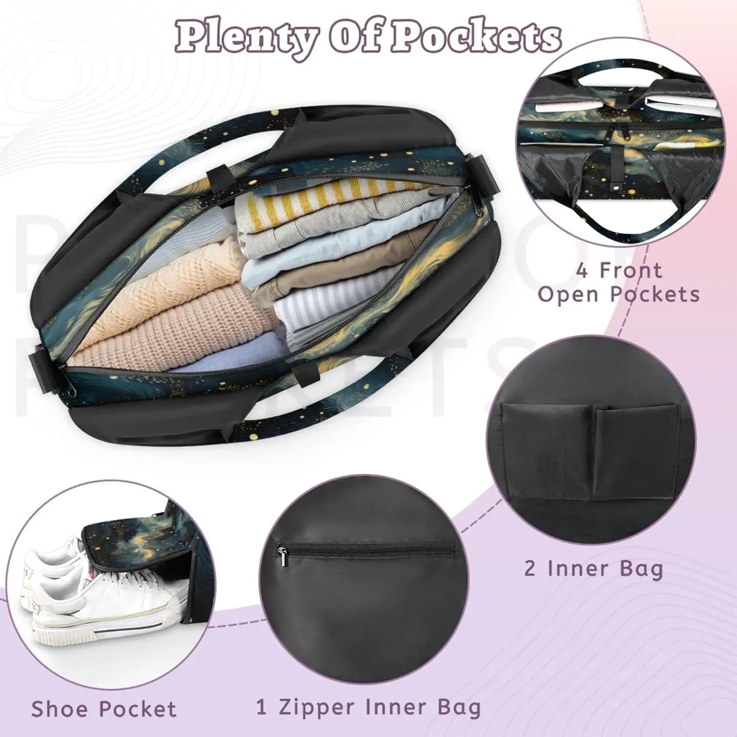 Flow Nebula Dream Waterproof Gym Bag for Men Women, Sports Duffel Bag with Shoe Compartment Yoga Mat Holder, Portable Large Travel Bag for Fitness, Camping, Weekend Trips