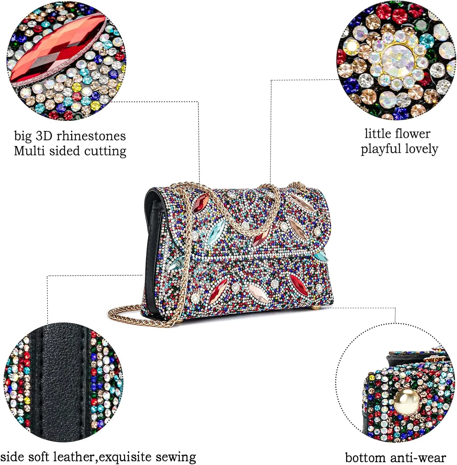 Flower Evening Handbags Chain Strap Square Shoulder Bag Crossbody Bag Crystals Rhinestone Clutch Purse