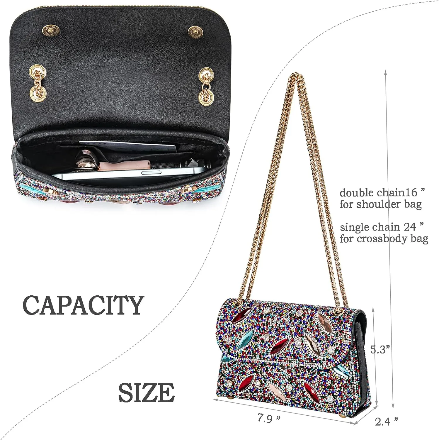 Flower Evening Handbags Chain Strap Square Shoulder Bag Crossbody Bag Crystals Rhinestone Clutch Purse