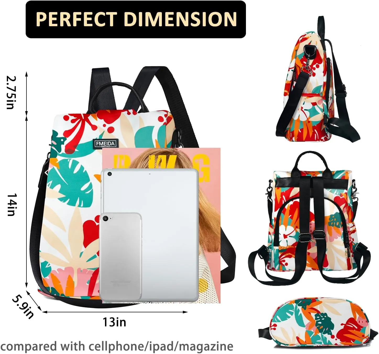 Fmeida Backpack for Women Anti Theft Travel Nylon Backpack Purse Convertible Bookbag Fashion Casual Daypack Colorful Rainforest