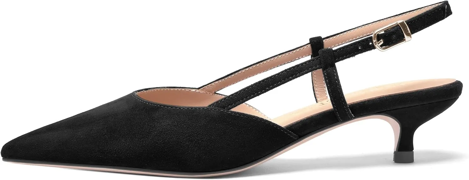 FOGEENA Womens Pointed Toe Evening Slip On Dress Suede Leather Slingback Kitten Low Heel Pumps Shoes 1.5 Inch