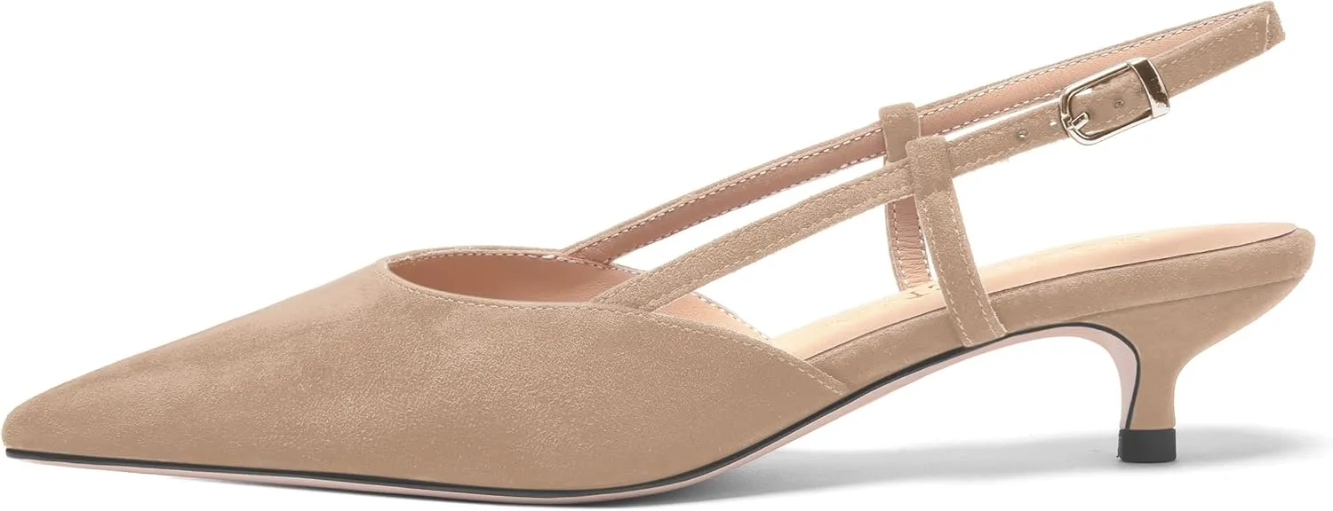 FOGEENA Womens Pointed Toe Evening Slip On Dress Suede Leather Slingback Kitten Low Heel Pumps Shoes 1.5 Inch
