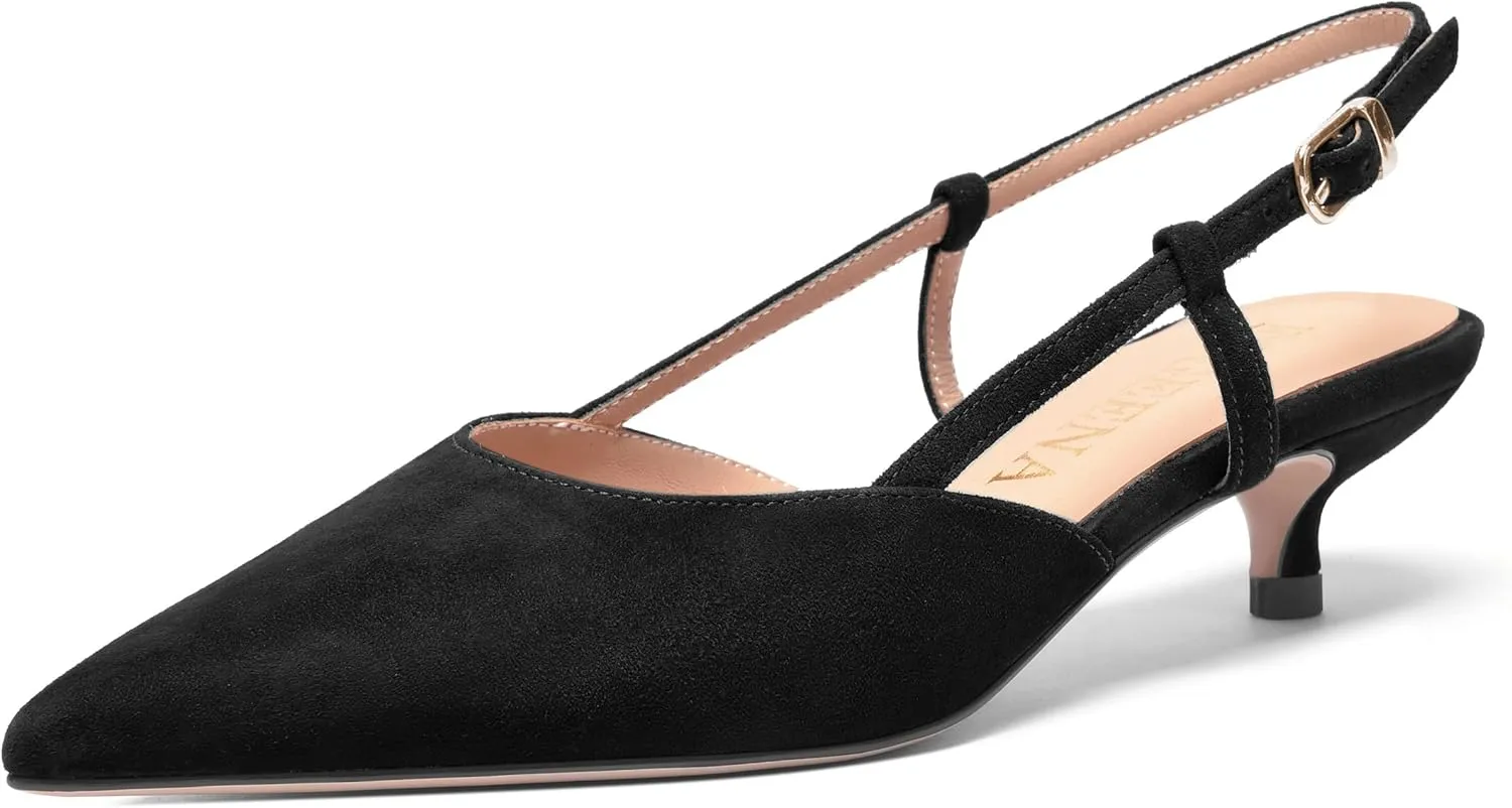 FOGEENA Womens Pointed Toe Evening Slip On Dress Suede Leather Slingback Kitten Low Heel Pumps Shoes 1.5 Inch