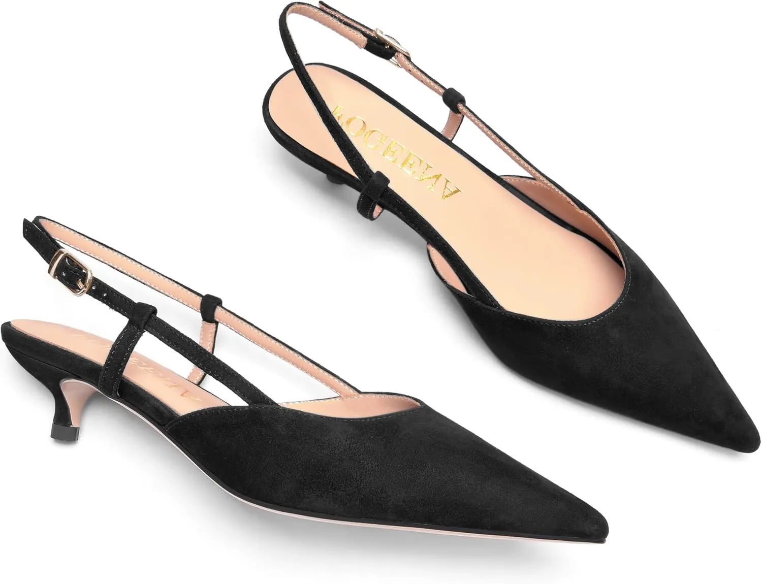 FOGEENA Womens Pointed Toe Evening Slip On Dress Suede Leather Slingback Kitten Low Heel Pumps Shoes 1.5 Inch