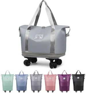 Foldable Tote Bag Expandable on Wheels, Beente Travel Bag with Removable Wheels, Dry And Wet Separation Waterproof Foldable Travel Bag Detachable Rolling (Grey)