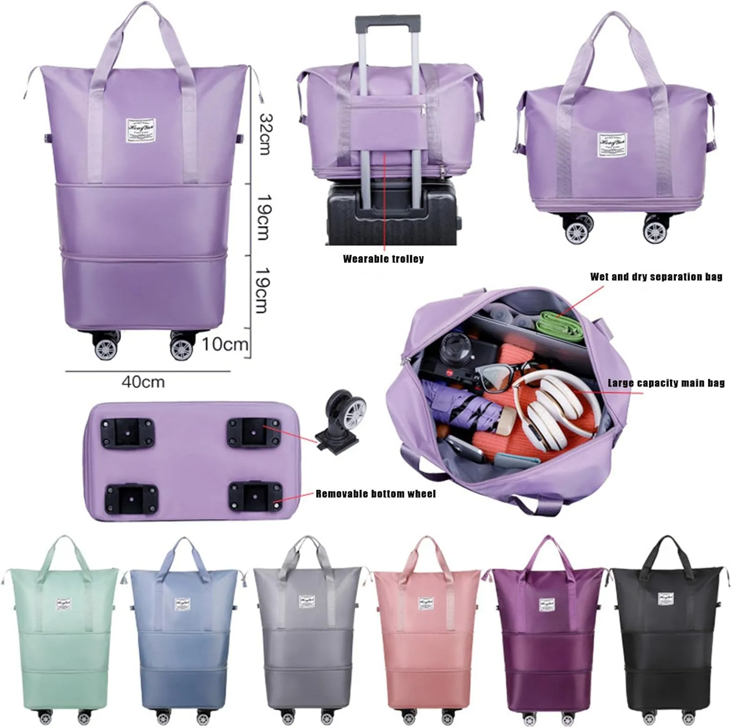 Foldable Tote Bag Expandable on Wheels, Beente Travel Bag with Removable Wheels, Dry And Wet Separation Waterproof Foldable Travel Bag Detachable Rolling (Grey)