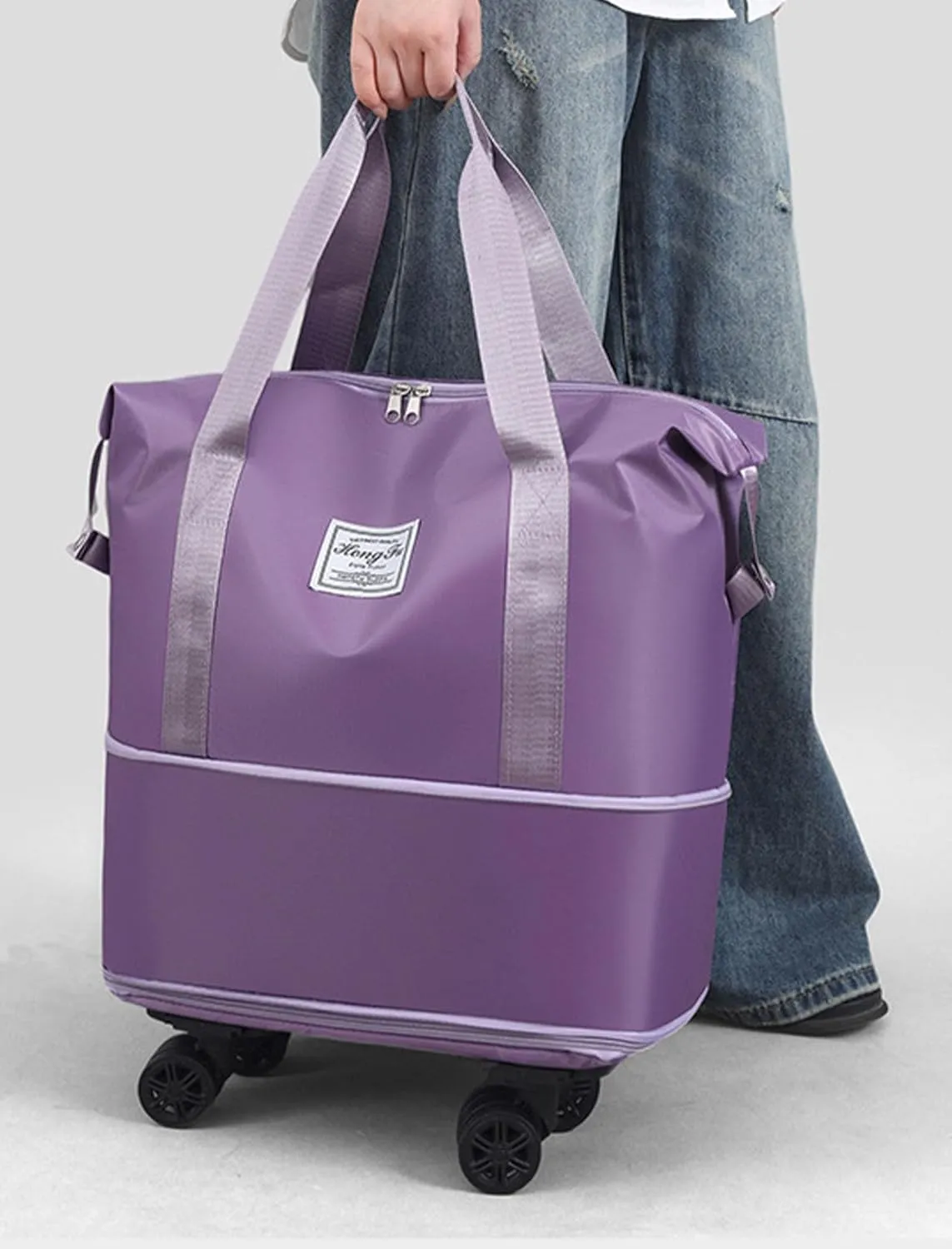 Foldable Tote Bag Expandable on Wheels, Beente Travel Bag with Removable Wheels, Dry And Wet Separation Waterproof Foldable Travel Bag Detachable Rolling (Grey)