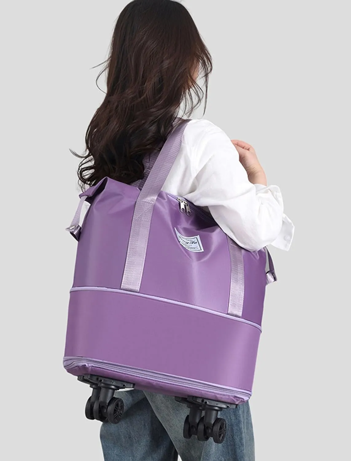 Foldable Tote Bag Expandable on Wheels, Beente Travel Bag with Removable Wheels, Dry And Wet Separation Waterproof Foldable Travel Bag Detachable Rolling (Grey)