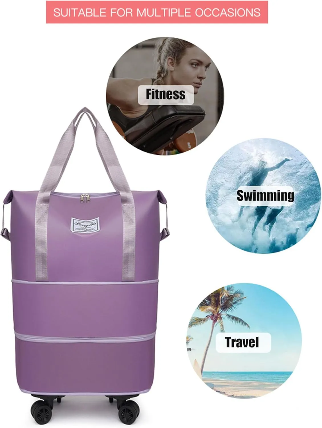 Foldable Tote Bag Expandable on Wheels, Beente Travel Bag with Removable Wheels, Dry And Wet Separation Waterproof Foldable Travel Bag Detachable Rolling (Grey)