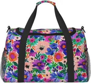 Foldable Travel Bag Floral Vintage Hippie Large Sports Bag Boho Flower Purple Daisy Lightweight Tote Bag Water Resistant Weekender Bag Big Gym Bag