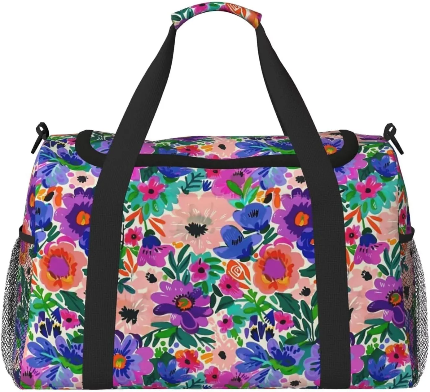 Foldable Travel Bag Floral Vintage Hippie Large Sports Bag Boho Flower Purple Daisy Lightweight Tote Bag Water Resistant Weekender Bag Big Gym Bag