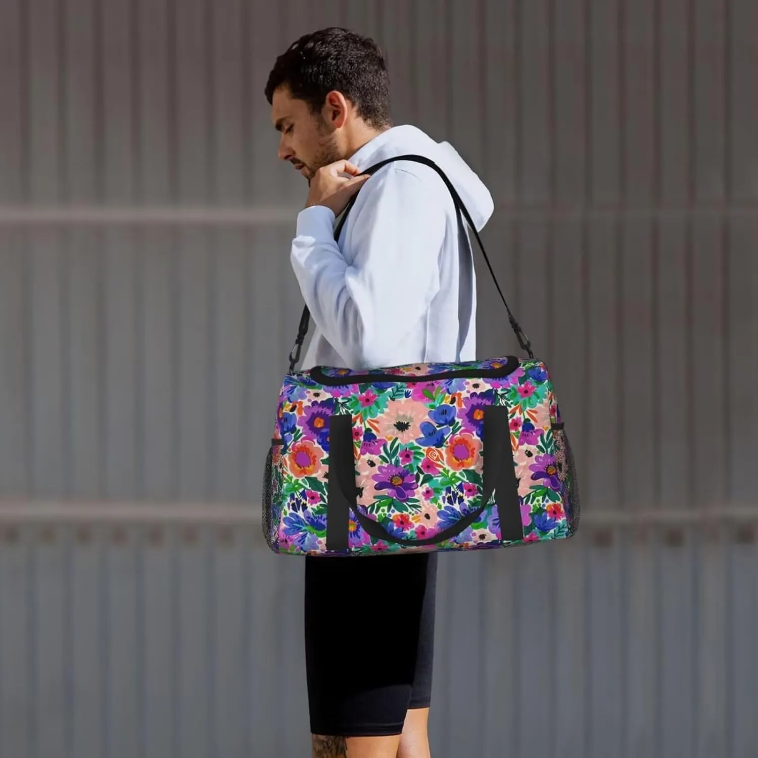 Foldable Travel Bag Floral Vintage Hippie Large Sports Bag Boho Flower Purple Daisy Lightweight Tote Bag Water Resistant Weekender Bag Big Gym Bag