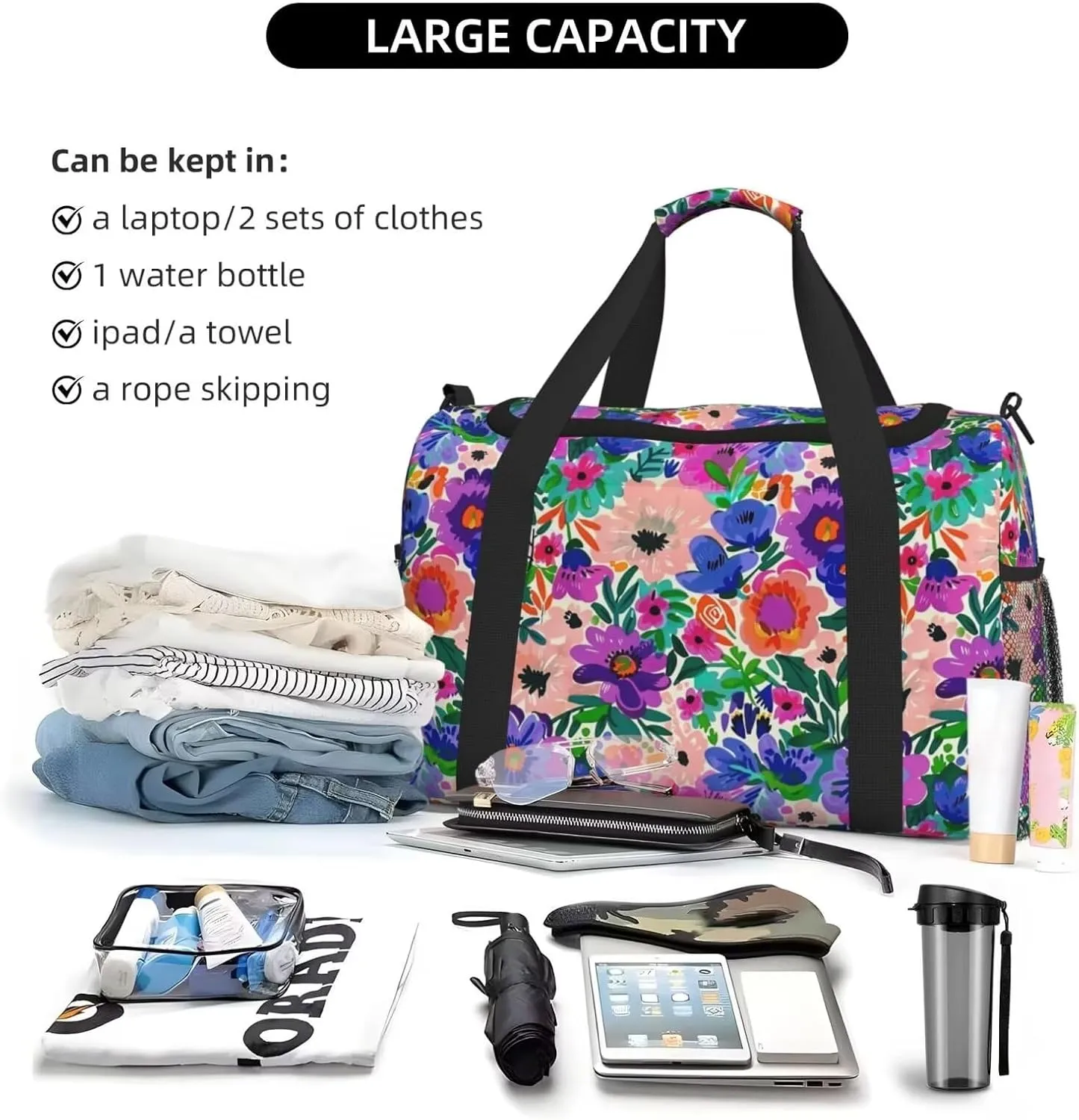 Foldable Travel Bag Floral Vintage Hippie Large Sports Bag Boho Flower Purple Daisy Lightweight Tote Bag Water Resistant Weekender Bag Big Gym Bag