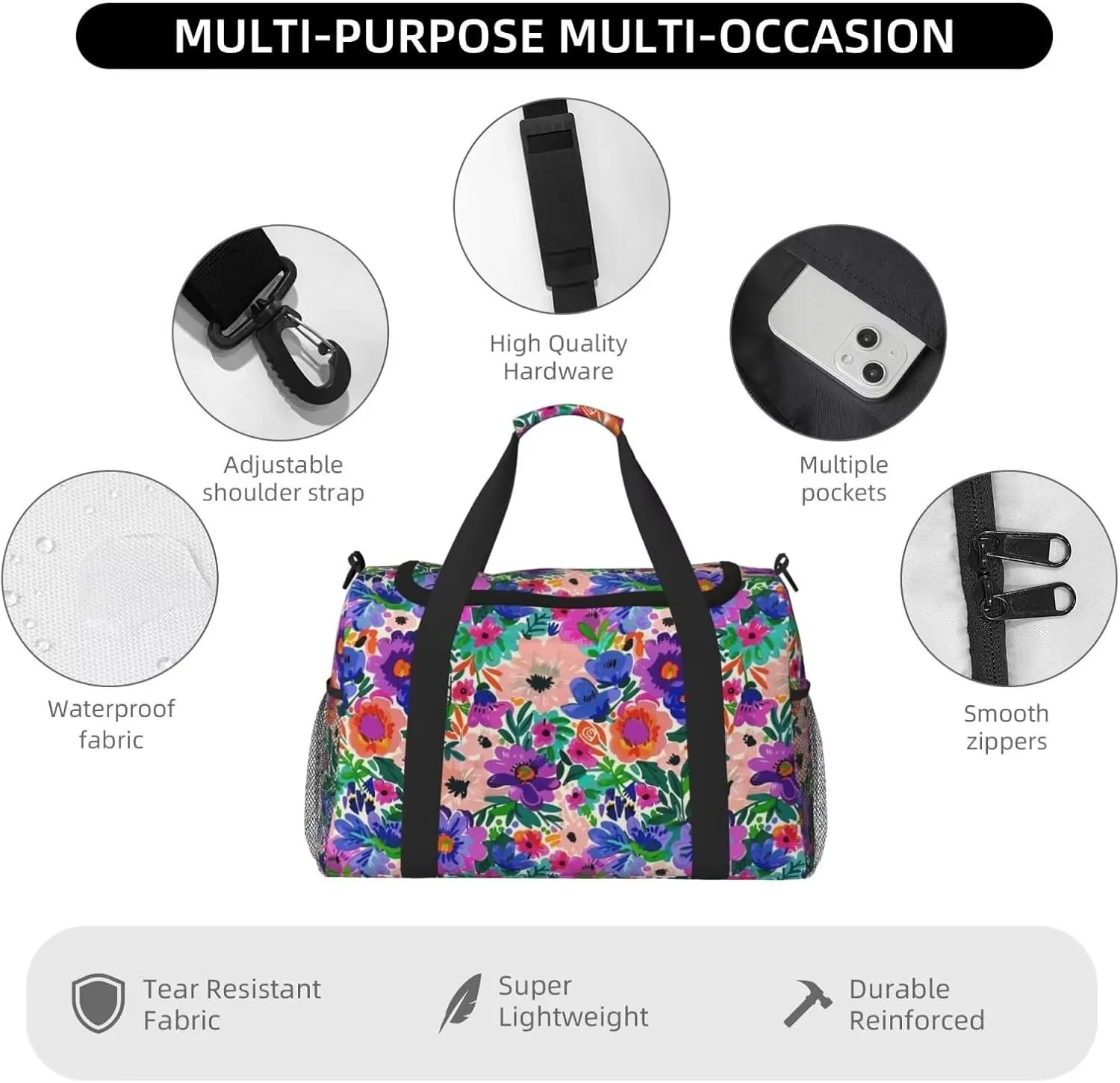 Foldable Travel Bag Floral Vintage Hippie Large Sports Bag Boho Flower Purple Daisy Lightweight Tote Bag Water Resistant Weekender Bag Big Gym Bag