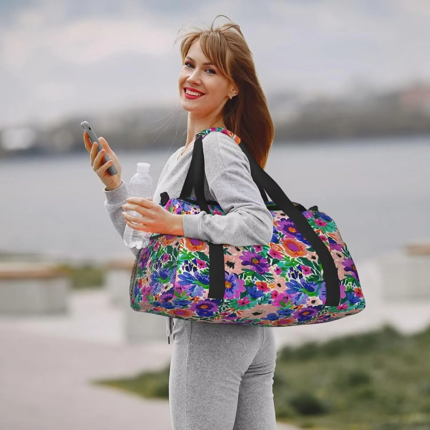 Foldable Travel Bag Floral Vintage Hippie Large Sports Bag Boho Flower Purple Daisy Lightweight Tote Bag Water Resistant Weekender Bag Big Gym Bag