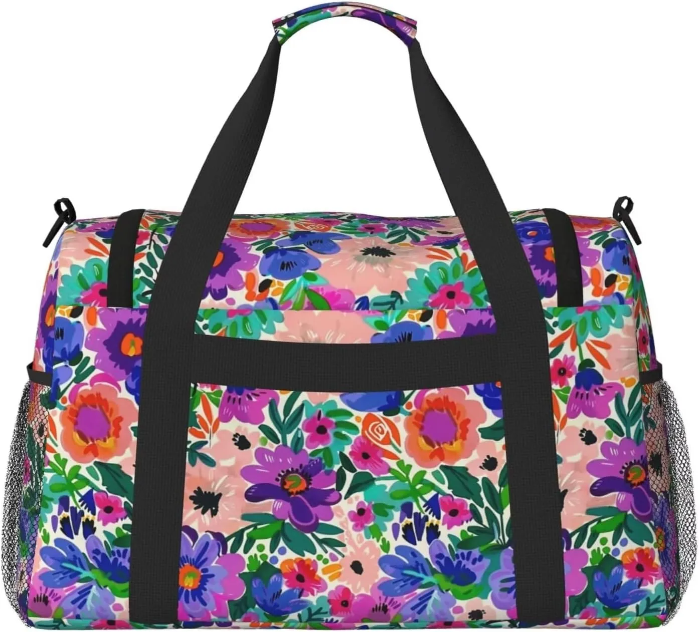 Foldable Travel Bag Floral Vintage Hippie Large Sports Bag Boho Flower Purple Daisy Lightweight Tote Bag Water Resistant Weekender Bag Big Gym Bag