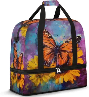 Foldable Travel Duffel Bag Tote Carry on Luggage Bag Alcohol Ink Butterfly Sunflowers Sports Gym Bag with Shoes Compartment Small Overnight Weekender Bag for Women Men