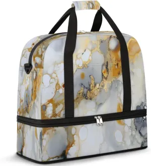 Foldable Travel Duffel Bag Tote Carry on Luggage Bag Alcohol Ink Marble White Gold Sports Gym Bag with Shoes Compartment Small Overnight Weekender Bag for Women Men