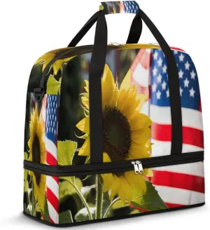 Foldable Travel Duffel Bag Tote Carry on Luggage Bag American Flag And Sunflower Sports Gym Bag with Shoes Compartment Small Overnight Weekender Bag for Women Men