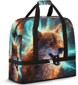 Foldable Travel Duffel Bag Tote Carry on Luggage Bag Angry Wolf Sports Gym Bag with Shoes Compartment Small Overnight Weekender Bag for Women Men