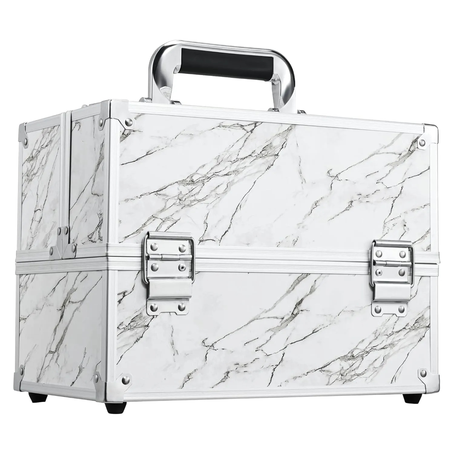 FRENESSA Makeup Train Case Makeup Case 11.8 Inch Large Cosmetic Box Organizer Travel Storage Professional Make Up Train Carrying Case with 6 Trays Locking Hard Vanity Storage Leather Marble