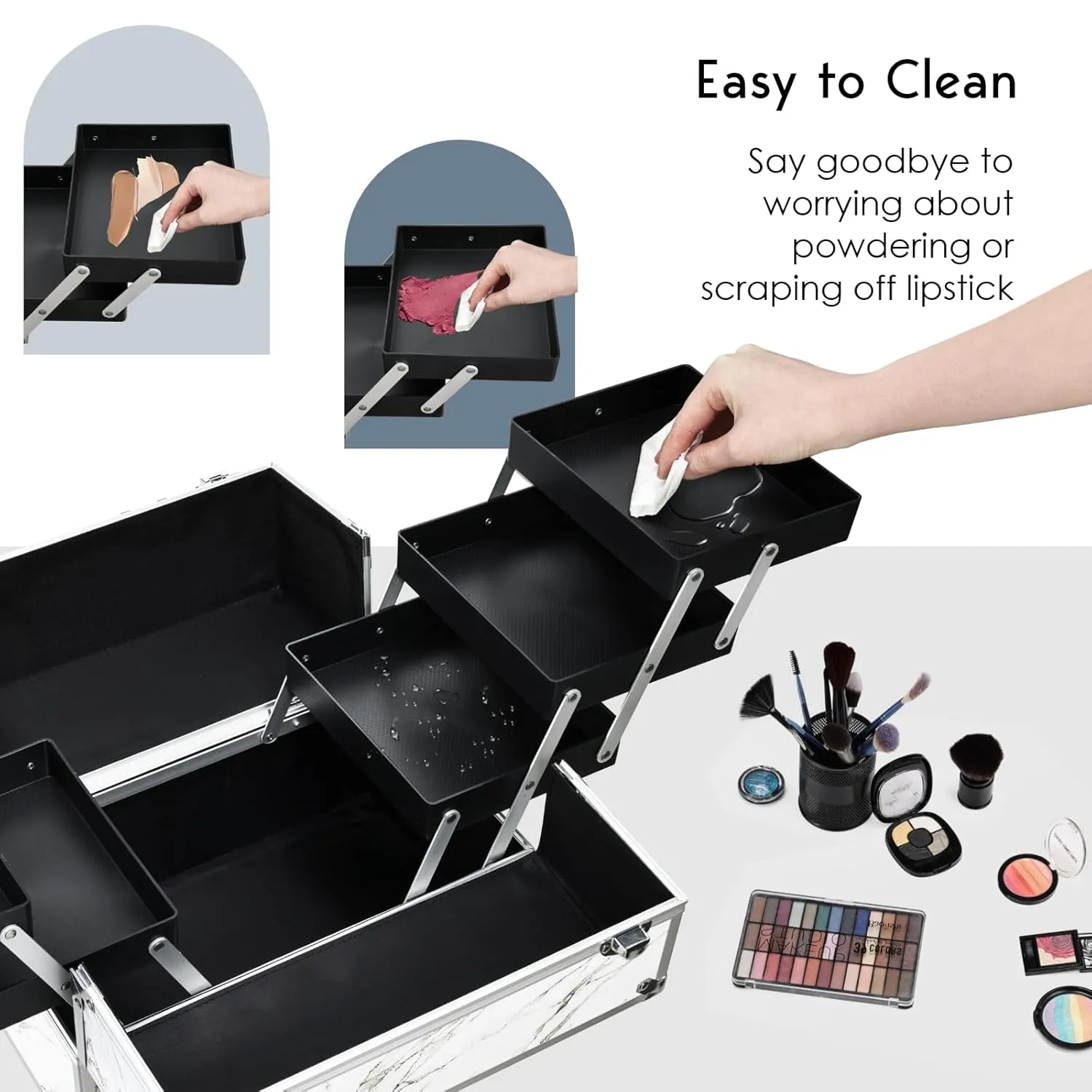 FRENESSA Makeup Train Case Makeup Case 11.8 Inch Large Cosmetic Box Organizer Travel Storage Professional Make Up Train Carrying Case with 6 Trays Locking Hard Vanity Storage Leather Marble