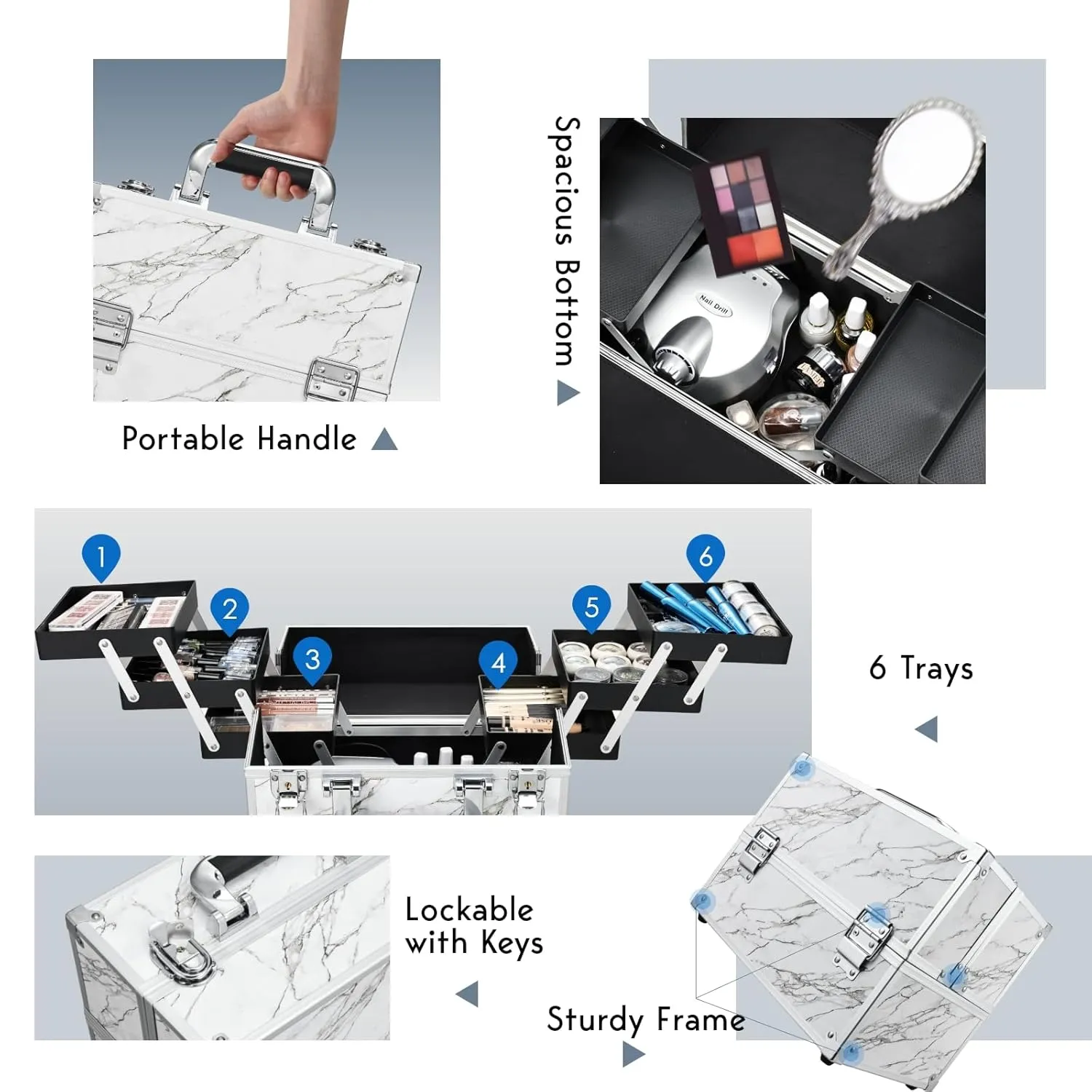 FRENESSA Makeup Train Case Makeup Case 11.8 Inch Large Cosmetic Box Organizer Travel Storage Professional Make Up Train Carrying Case with 6 Trays Locking Hard Vanity Storage Leather Marble