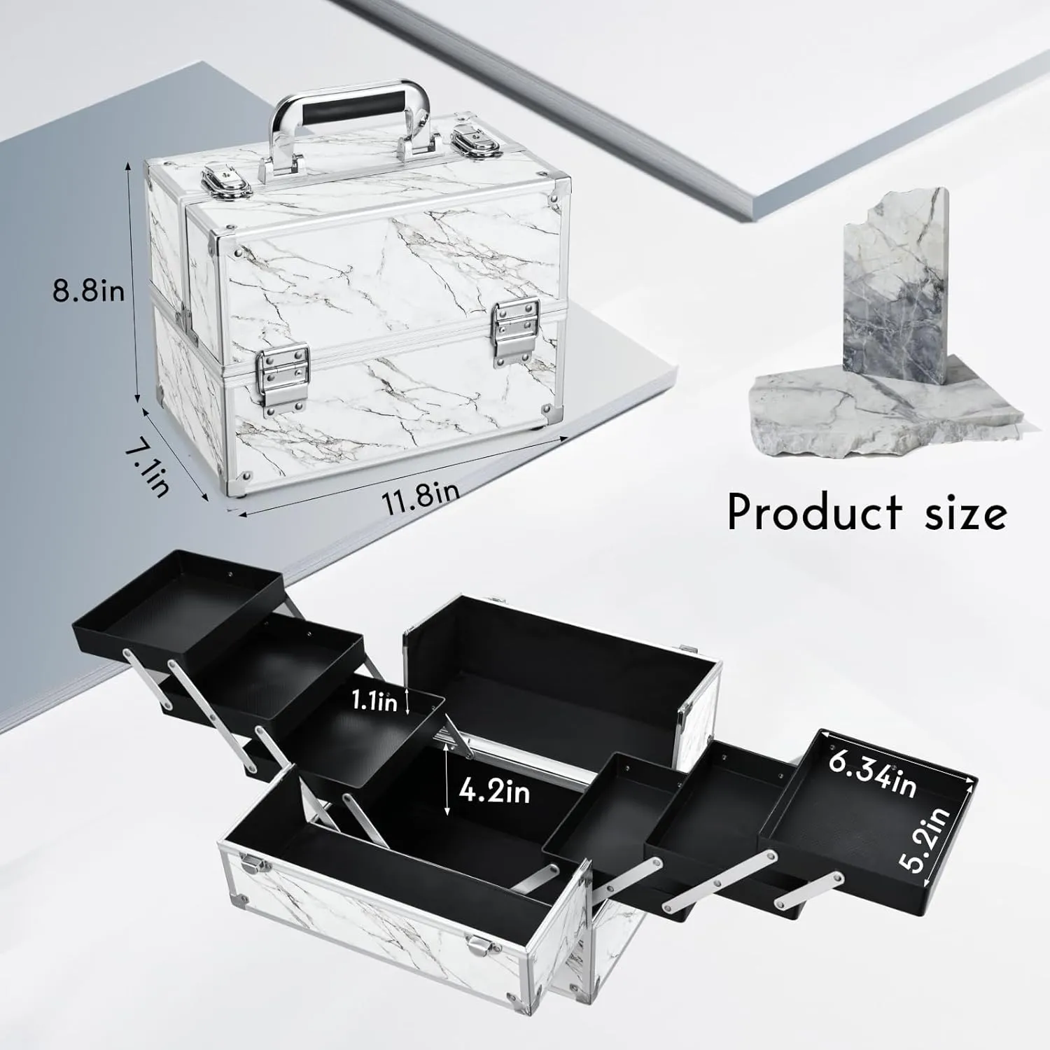 FRENESSA Makeup Train Case Makeup Case 11.8 Inch Large Cosmetic Box Organizer Travel Storage Professional Make Up Train Carrying Case with 6 Trays Locking Hard Vanity Storage Leather Marble