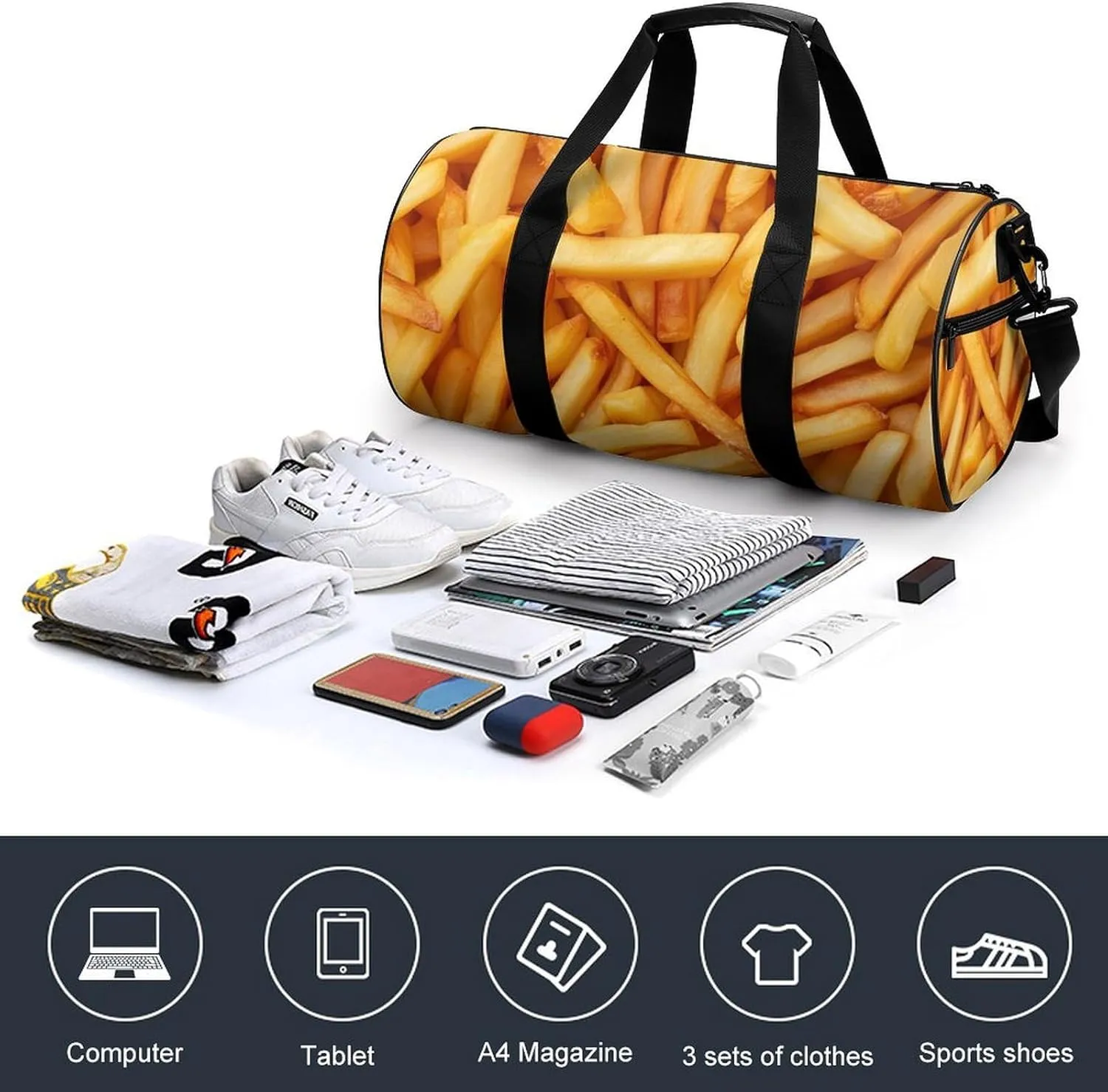 Fries Close-up Texture Background Travel Gym Bag for Women Men Cute Style Cylindrical Duffle Bag Sport Workout Bag with Shoulder Strap