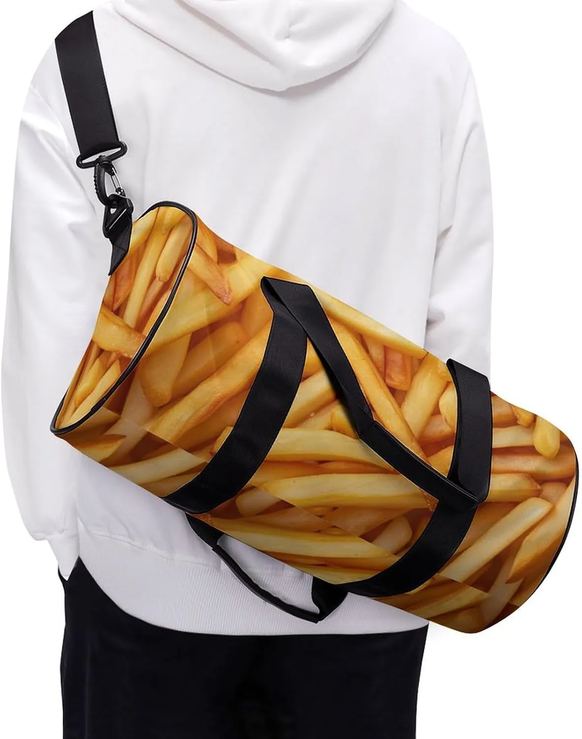 Fries Close-up Texture Background Travel Gym Bag for Women Men Cute Style Cylindrical Duffle Bag Sport Workout Bag with Shoulder Strap