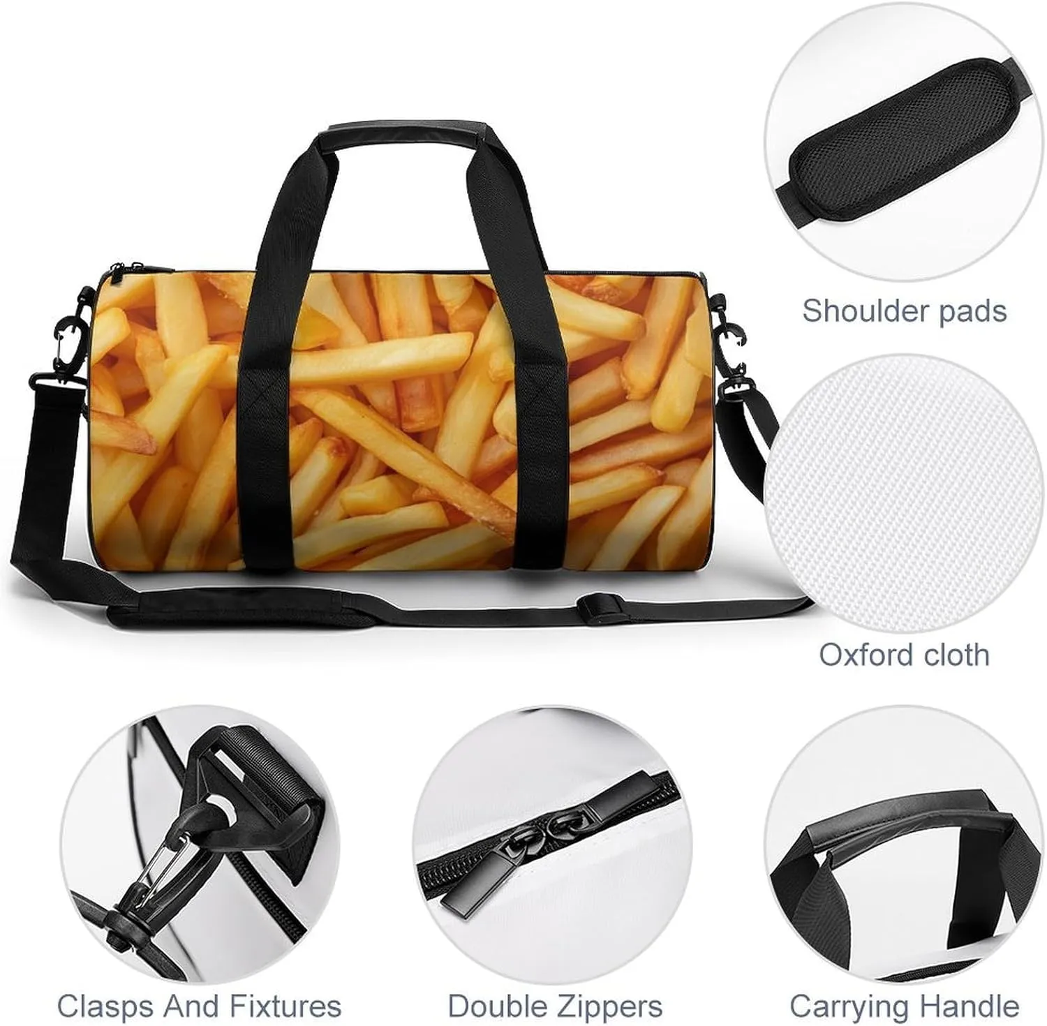 Fries Close-up Texture Background Travel Gym Bag for Women Men Cute Style Cylindrical Duffle Bag Sport Workout Bag with Shoulder Strap