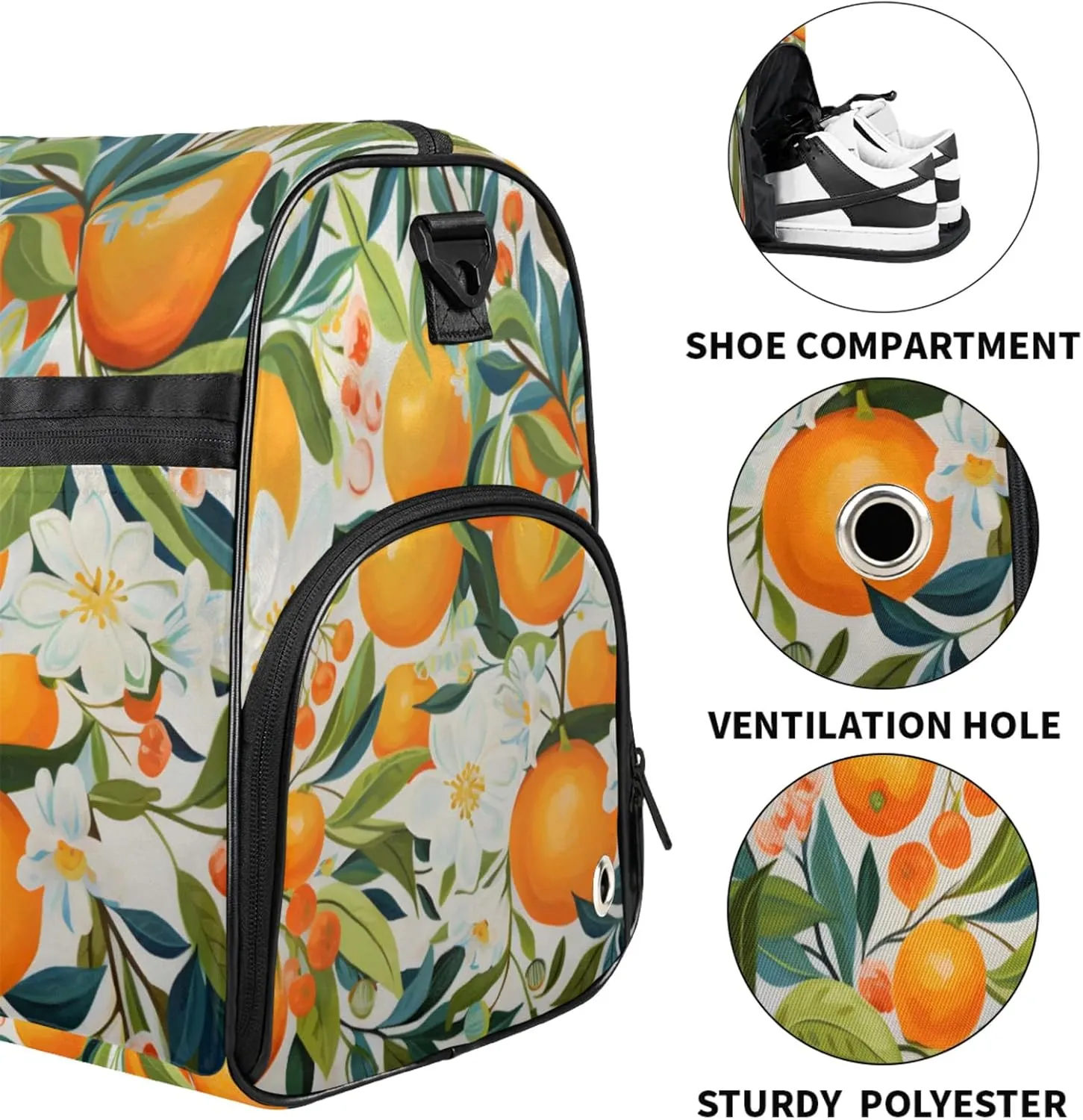 Fruit Gym Bag for Womens Mens with Shoes Compartment, Oranges Duffle Bag for Airplane Sport Gym Tote Bags Yoga Waterproof Weekender Travel Bag