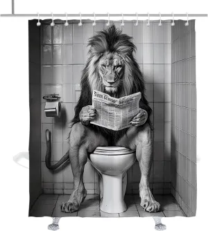 Fun Jungle Lion Shower Curtain Vintage Abstract Animal Reading Newspaper Shower Curtains Set Retro Black Wildlife Lions Bathroom Decor with Hooks 72" W x 84" H